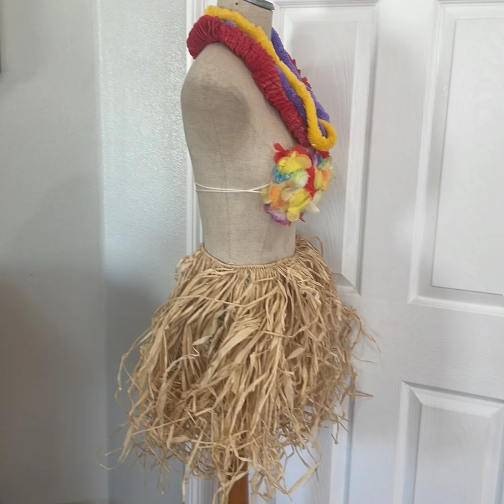 Vintage Hawaiian luau grass hula skirt costume floral bikini top leis girls 5 pc
